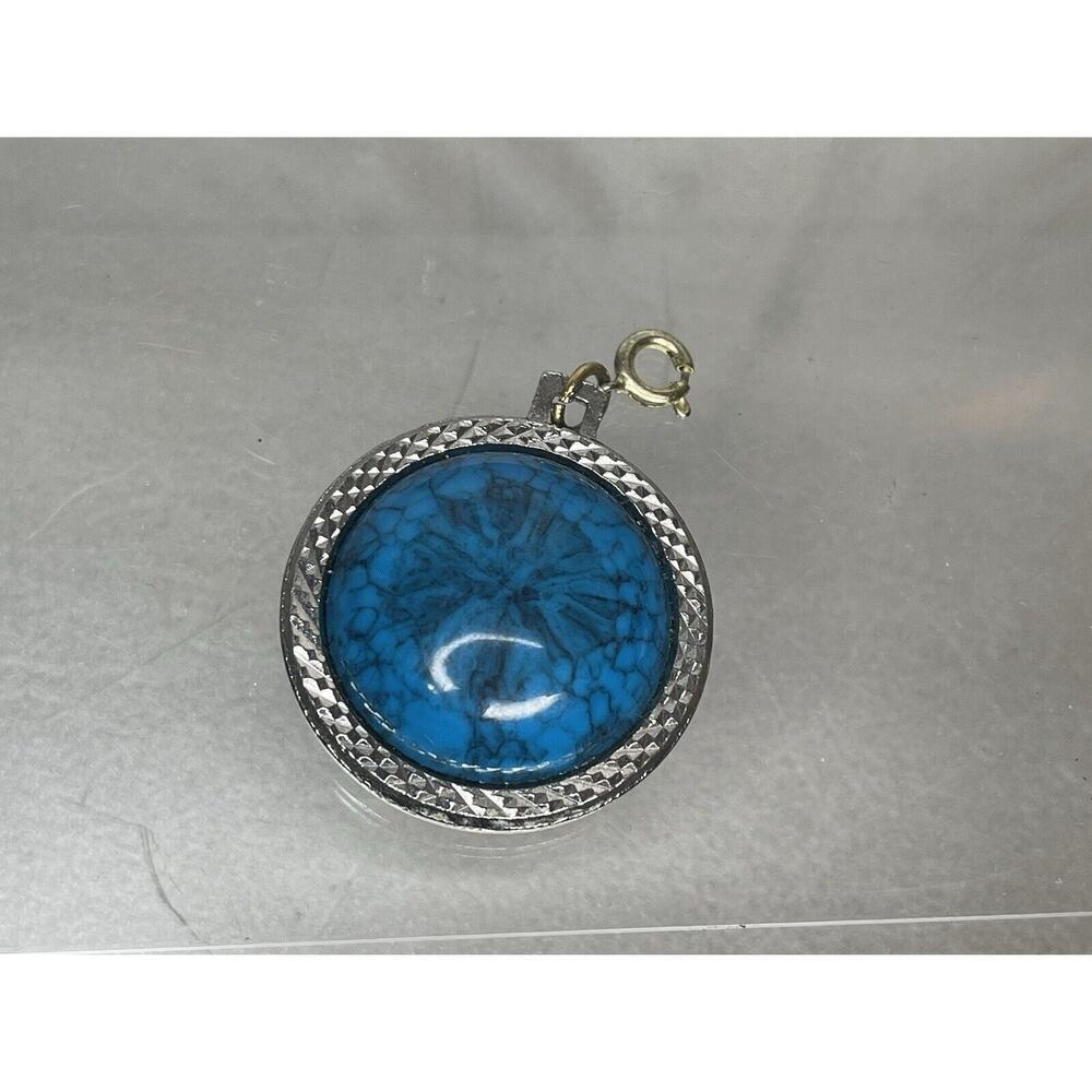 Vintage Turquoise & Indian Head Pendant Necklace Silver Tone